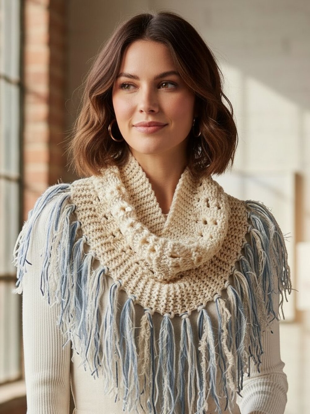NEW Cowl Scarf Fringe Hand Knitted Cream Blue Boho Cottage Fairy Coquette Whimsy